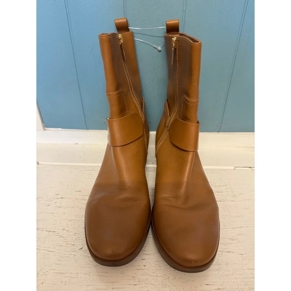 Michael Kors Tan Leather Mid-Calf Boots Gold‎ MK Logo Medallion Size 8.5M